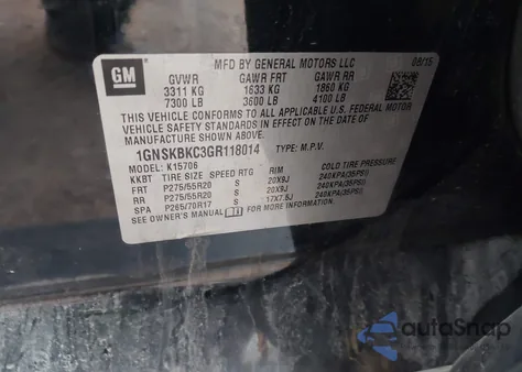 2016 Chevrolet Tahoe Lt z USA, uszkodzony, nr VIN 1GNSKBKC3GR118014